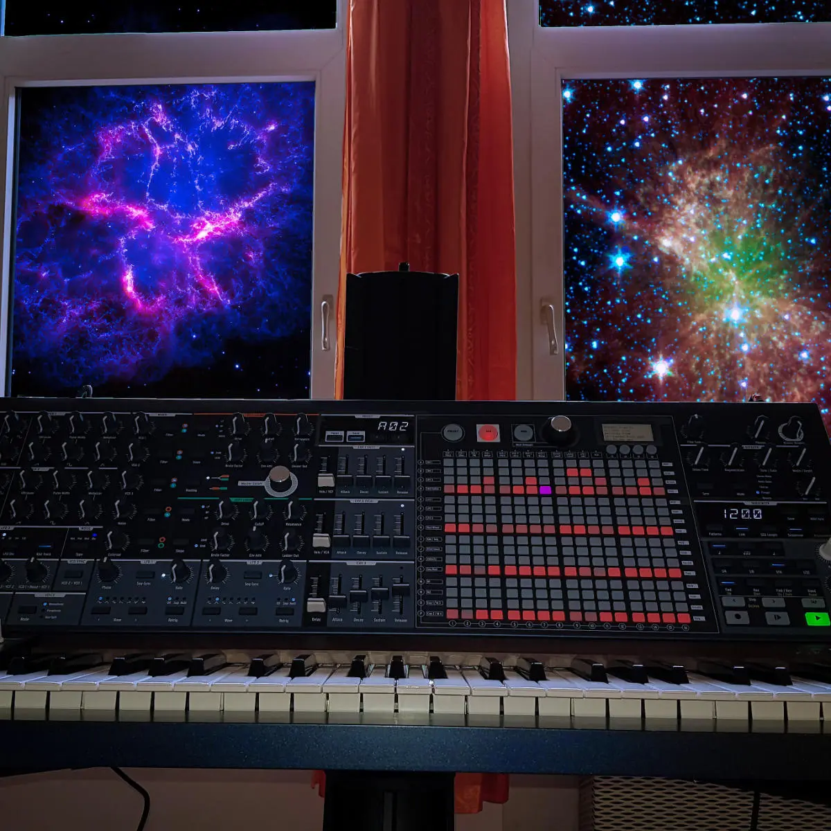 MatrixBrute in front of windows with nebulae