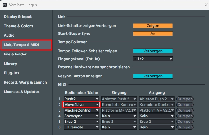 Ableton Live 12 Einstellungen: Move4Live als Bedienoberfläche eingetragen