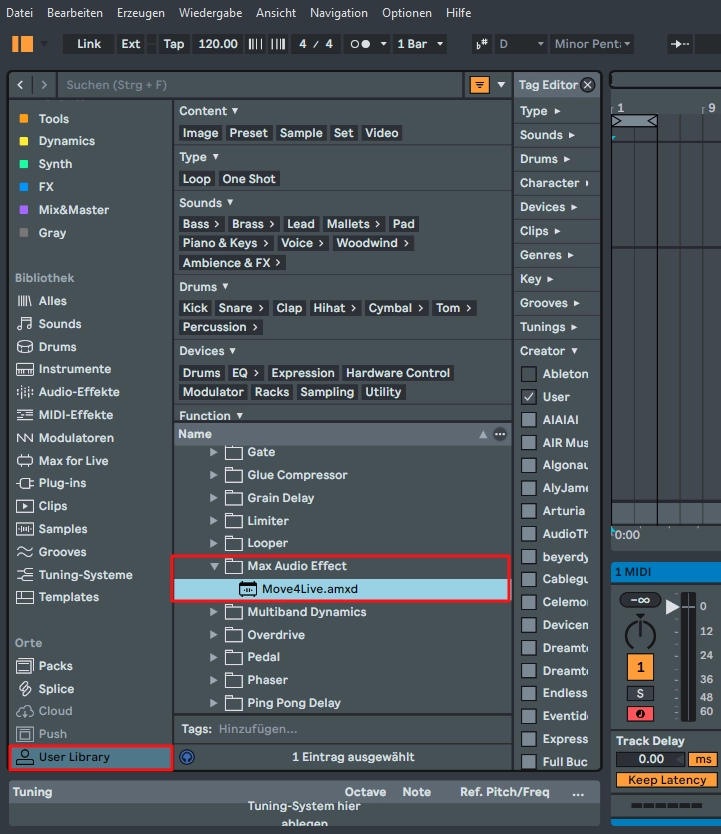 Ableton Live Browser: Move4Live.amxd im Max-Audio-Effect-Ordner der User Library