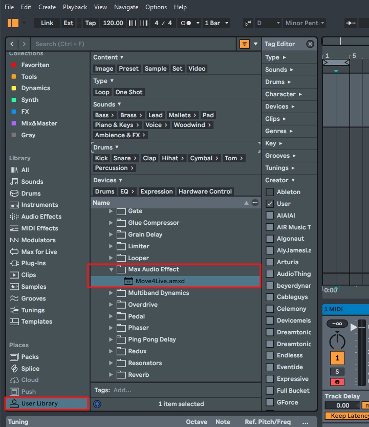 Ableton Live browser: Move4Live.amxd in the Max Audio Effect folder of the User Library