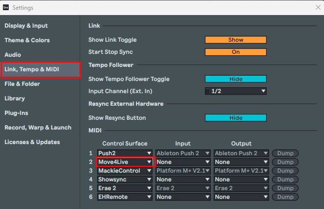 Ableton Live 12 Preferences: Move4Live selected as a control surface