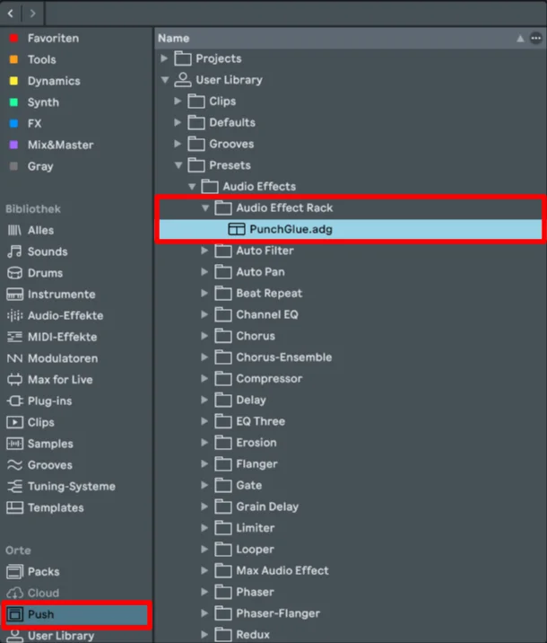 Live 12 – target folder for “PunchGlue.adg” on the Push