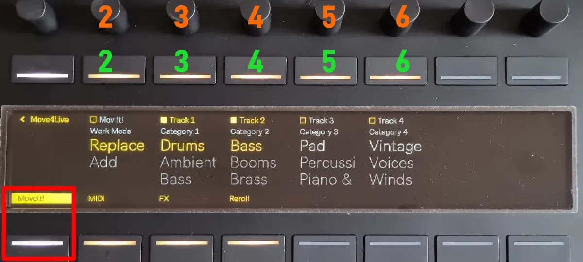 Move4Live on Push 3 – “MoveIt!” page with main controls