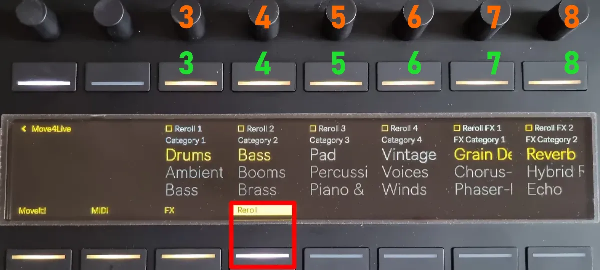 Move4Live on Push 3 – “Reroll” page for rolling new presets per track