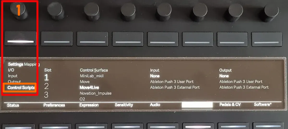 Push 3 – Setup MIDI page with I/O setting for “Control Scripts”