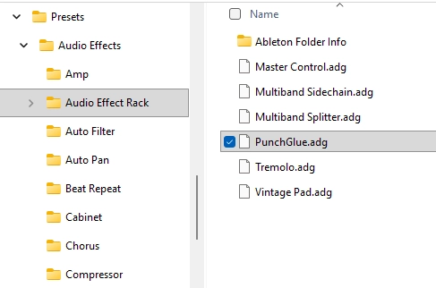 Windows Explorer: PunchGlue.adg in the Audio Effect Rack folder