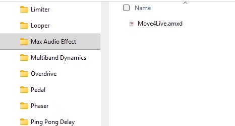 Windows Explorer: Move4Live.amxd in the Max Audio Effect folder