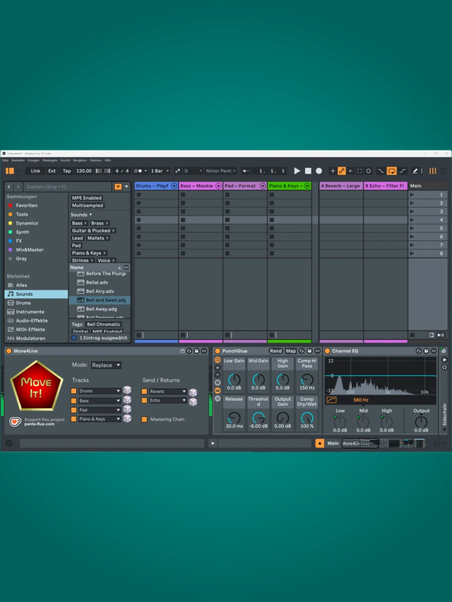 Move4Live device in Ableton Live – session view with four tracks